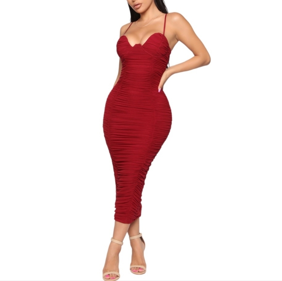 Fashion Nova Dresses & Skirts - FASHION NOVA Sexy Red Dress Ruched Bodycon Burgundy M 7 8 9
